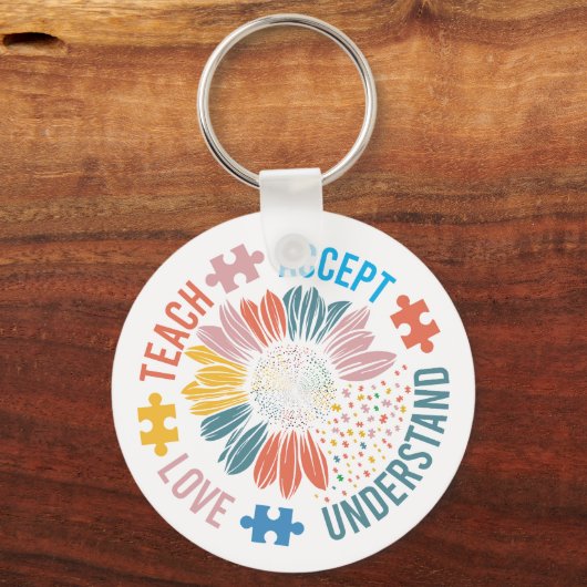 "Teach Accept Love Understand" Puzzle Piece Flower Sleutelhanger (Voorkant)