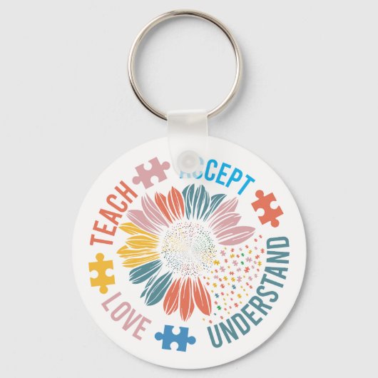 "Teach Accept Love Understand" Puzzle Piece Flower Sleutelhanger (Achterkant)
