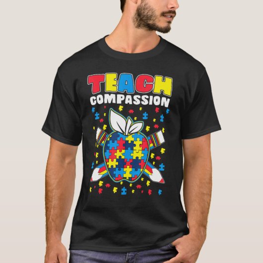 Teach Compassion Puzzle Piece Teacher Autism Aware T-shirt (Voorkant)