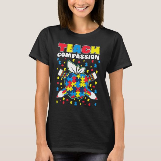 Teach Compassion Puzzle Piece Teacher Autism Aware T-shirt (Voorkant)