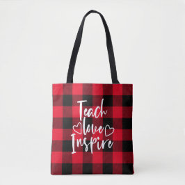 Teach Love Inspire Red en Black Buffalo Plaid Tote Bag