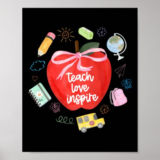 Teach Love Inspire Teacher Coquette Bow Apple Back Poster (Voorkant)