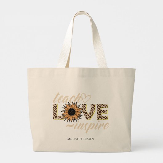 Teach Love Inspire Teacher Sunflower Moderne Name Grote Tote Bag (Achterkant)