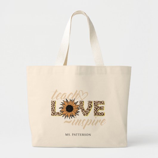 Teach Love Inspire Teacher Sunflower Moderne Name Grote Tote Bag (Voorkant)
