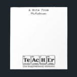 Teacher Appreciation Science Theme Briefpapier Notitieblok<br><div class="desc">Inspireer elk bericht met dit aangepaste notitieblok voor leerkrachten met een slim periodiek systeem met het ontwerp 'Leraar' en de zin 'het inspirerend element'. Gepersonaliseerd met jouw naam aan de bovenkant, is dit 5, 5" x 6" notitieblok ideaal voor notities in de klas, communicatie met ouders of doordachte bedankberichten. Ideaal...</div>