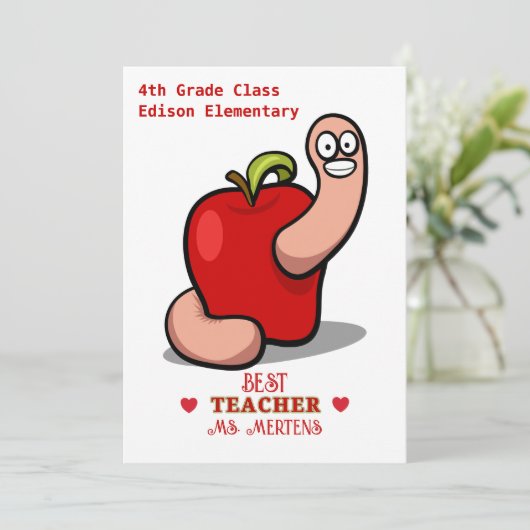 Teacher Appreciation Worm in Apple Naam toevoegen Bedankkaart (Staand voorkant)