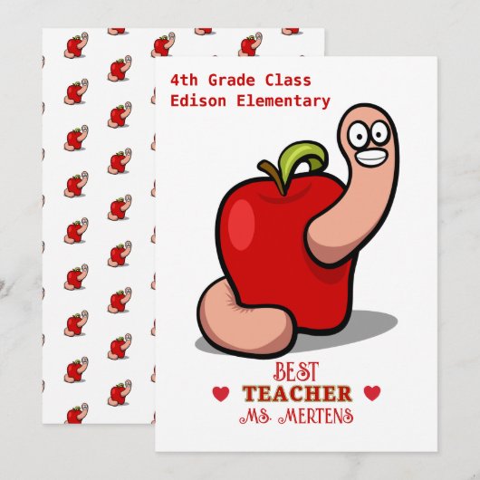Teacher Appreciation Worm in Apple Naam toevoegen Bedankkaart (Voorkant / Achterkant)