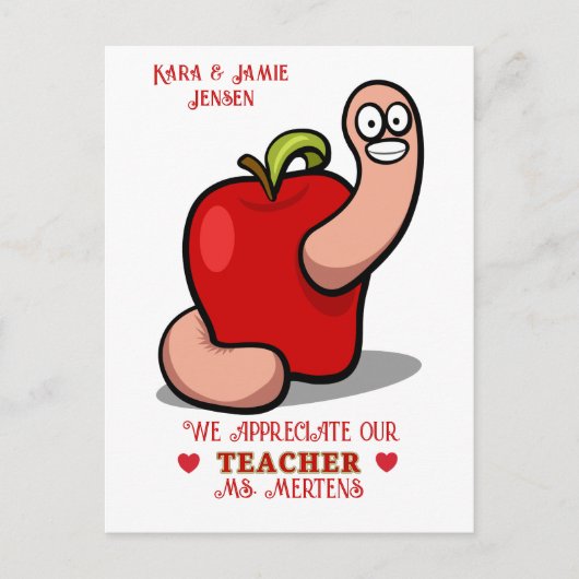 Teacher Appreciation Worm in Apple Naam toevoegen Briefkaart (Voorkant)