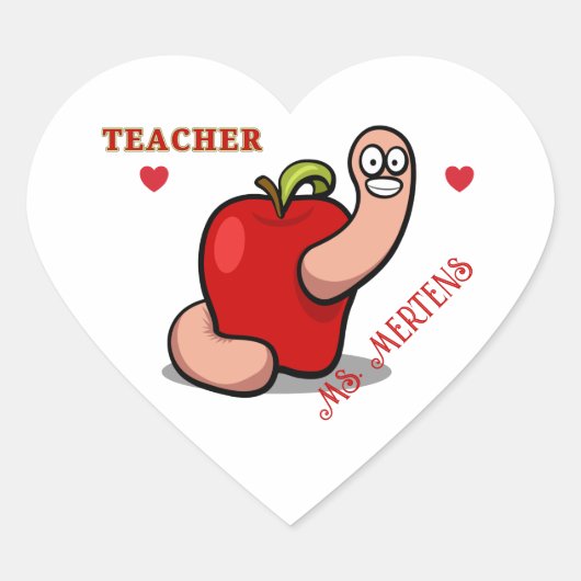 Teacher Appreciation Worm in Apple Naam toevoegen Hart Sticker (Voorkant)
