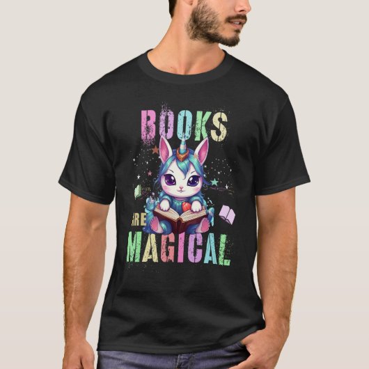 Teacher BOOKS ARE MAGICAL Cat Unicorn School Libra T-shirt (Voorkant)