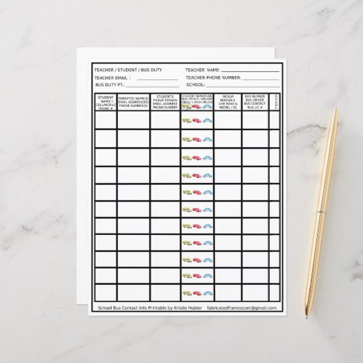Teacher Bus Duty Driver Pickup Studentenlijst (Voorkant / Achterkant in situ)