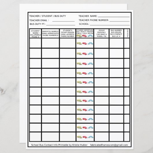 Teacher Bus Duty Driver Pickup Studentenlijst (Voorkant / Achterkant)