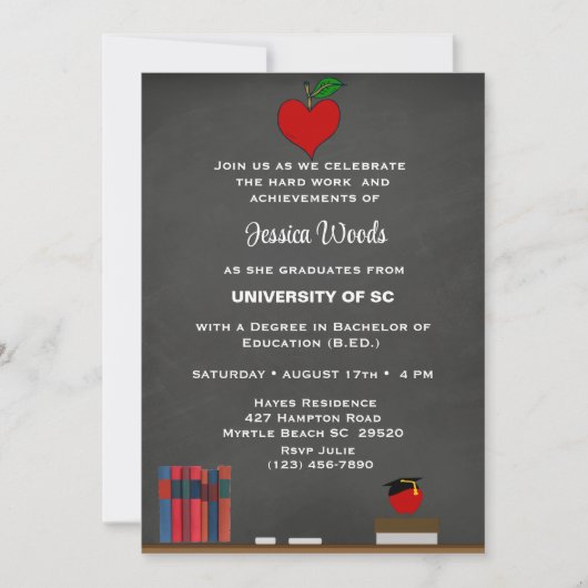 Teacher Chalkboard Heart Afstuderen Invitation Kaart (Voorkant)