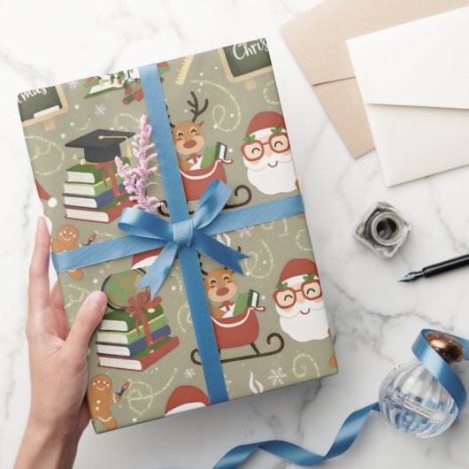 Teacher Christmas Cute Reindeer Santa School Cadeaupapier (Geschenken)
