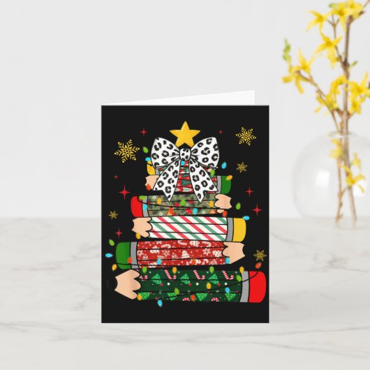 Teacher Christmas Tree Lights Pencil Leopard Print Kaart (Gele Bloem)