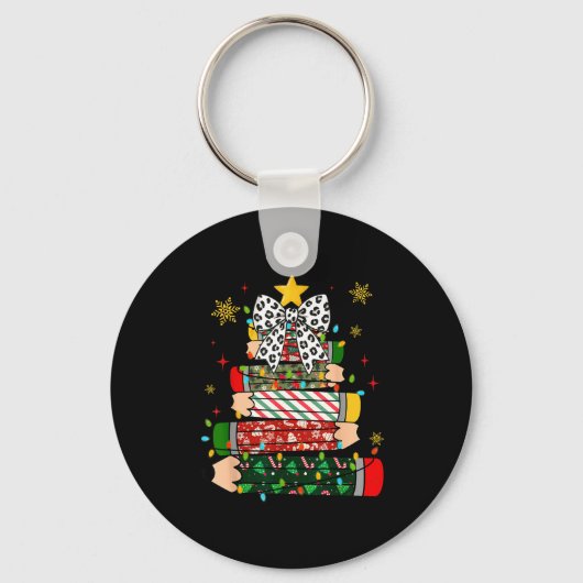 Teacher Christmas Tree Lights Pencil Leopard Print Sleutelhanger (Voorkant)