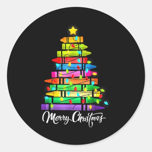 Teacher Crayon Merry Christmas Tree Lights School  Ronde Sticker (Voorkant)