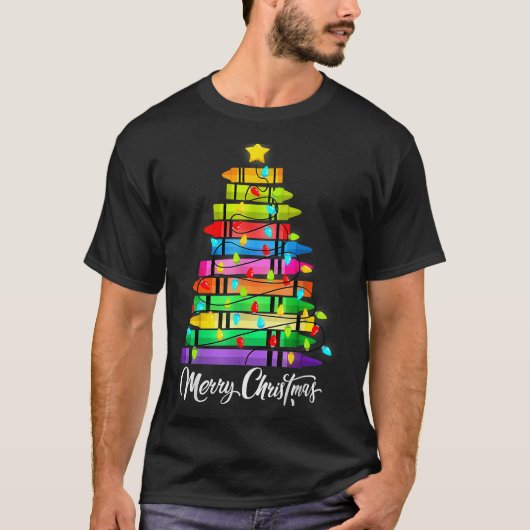 Teacher Crayon Merry Christmas Tree Lights School  T-shirt (Voorkant)