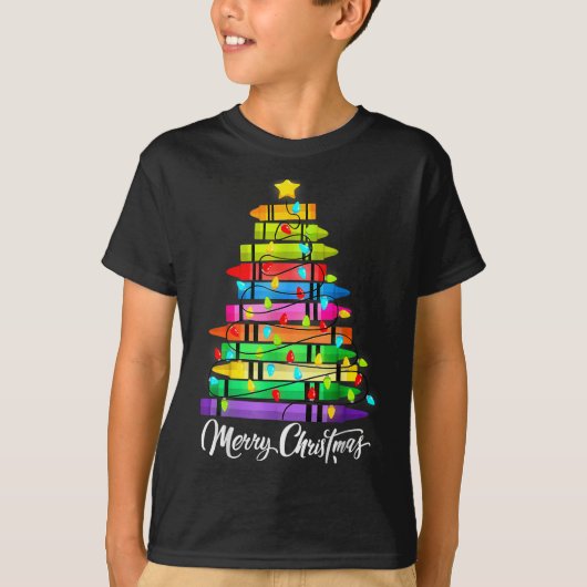 Teacher Crayon Merry Christmas Tree Lights School T-shirt (Voorkant)
