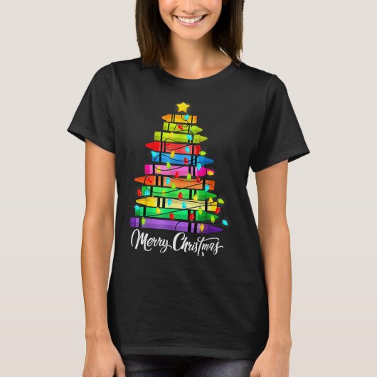 Teacher Crayon Merry Christmas Tree Lights School  T-shirt (Voorkant)