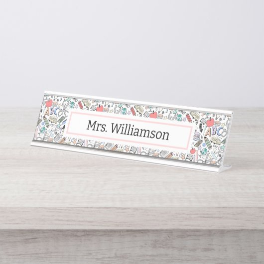 Teacher Doodle Icon Fun Bureau Naambordje (Voorkant)