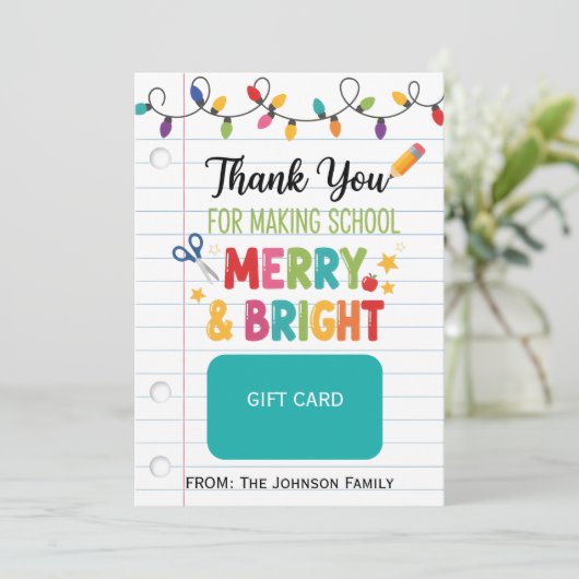 Teacher Gift Card Holder Merry & Bright Christmas Kaart (Staand voorkant)