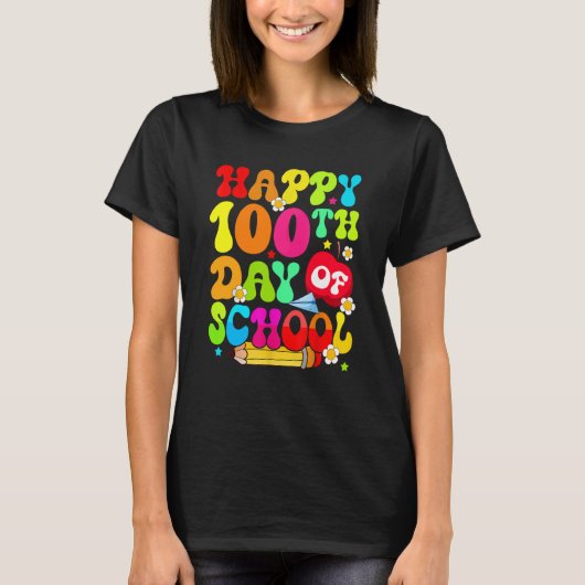 Teacher Kids Retro 100 Days Happy 100th Day Of Sch T-shirt (Voorkant)