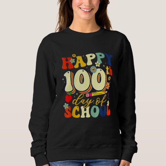 Teacher Kids Retro Groovy 100 Days Happy 100th Day Trui (Voorkant)