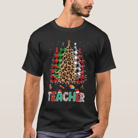 Teacher Leopard Red White Green Plaid Christmas Tr T-shirt (Voorkant)