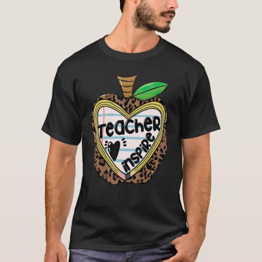 Teacher Loves Inspire Leopard Apple School Life T-shirt (Voorkant)