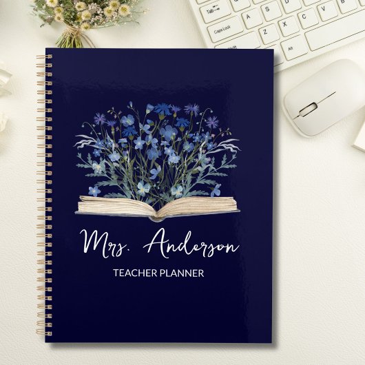 Teacher Planner Blue Wildflowers Grow From Book