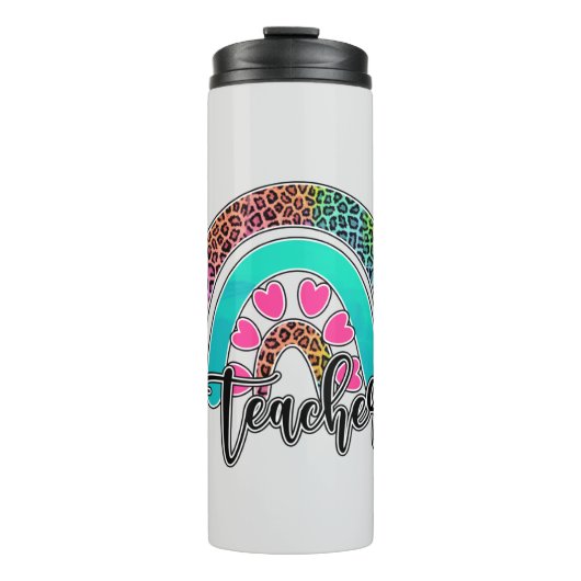 Teacher Rainbow – Kleurrijke luipaardprint Thermosbeker (Voorkant)