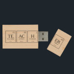 Teacher science elementen op maat houten USB stick<br><div class="desc">Docent chemie periodieke tabel termen wetenschap USB leest Docent,  met behulp van de elementen uit het periodiek systeem,  of u kunt personaliseren met uw eigen vier-element woord of naam. Een ideaal geschenk voor wetenschapsleraars. Terug kan worden gepersonaliseerd met uw eigen boodschap van bedankt. Unieke grafische kunst van www.mylittleeden.com</div>