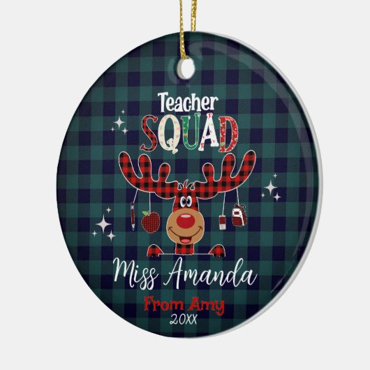Teacher squad Kerstmis blauw rood baffalo plaid Keramisch Ornament (Links)