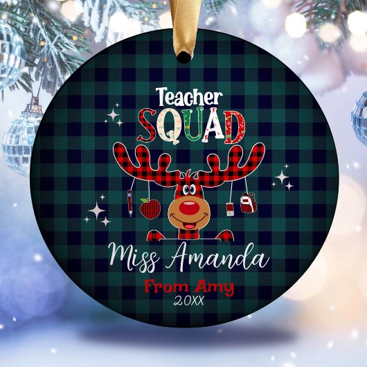 Teacher squad Kerstmis blauw rood baffalo plaid Keramisch Ornament