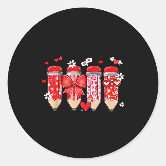 Teacher Valentine Coquette Bow Pencil Teacher Vale Ronde Sticker (Voorkant)