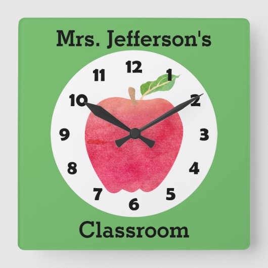 Teacher Watercolor Apple Personalized Green Class Vierkante Klok (Voorkant)