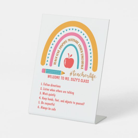 #Teacherlife Rainbow Specialized Classroom Rules Reclamebord Met Voetstuk (Voorkant)