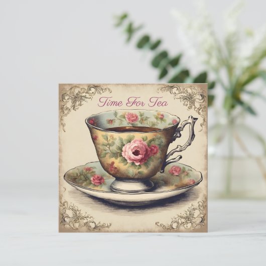  TeaCup Bloemen Vrijgezellenfeest Tea Party Kaart (Staand voorkant)