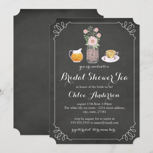 Teacup Chalkboard Vrijgezellenfeest Tea Party Invi Kaart (Voorkant / Achterkant)