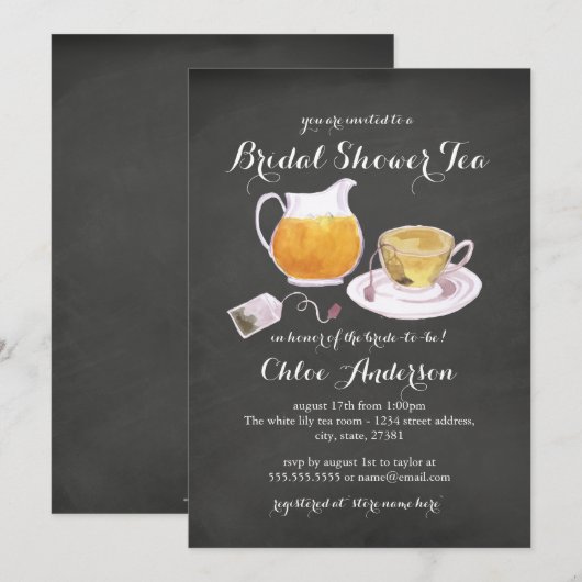 Teacup Chalkboard Vrijgezellenfeest Tea Party Invi Kaart (Voorkant / Achterkant)