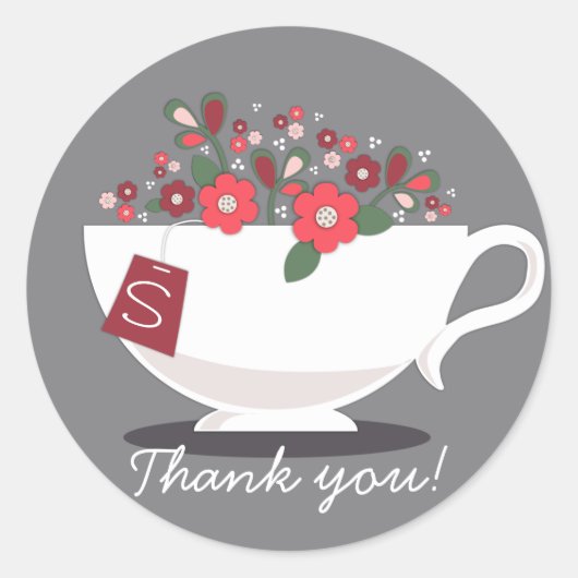 Teacup Coral Floral Monogram Dank u Sticker (Voorkant)