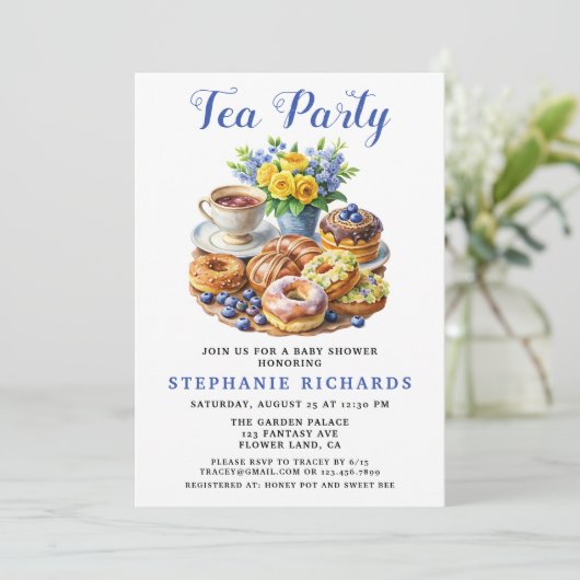 Teacup Donut Floral Tea Party Baby shower Kaart (Staand voorkant)
