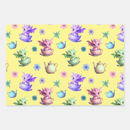 Teacup Draken met theepotten en bloemen Inpakpapier Vel (Voorkant)