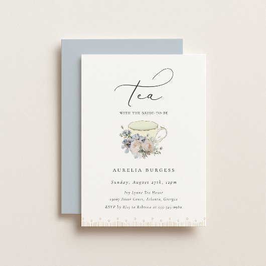  Teacup Dusty Blue Floral Tea Party Kaart