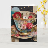 Teacup en Bloemen Gemengde Media Collage Kaart (Gele Bloem)