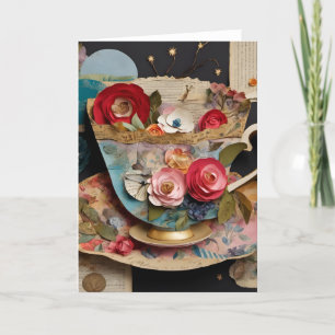 Teacup en Bloemen Gemengde Media Collage Kaart