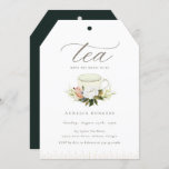 Teacup Floral Tea Party Kaart<br><div class="desc">Elegant  geïnspireerd,  theepartijuitnodiging. Kenmerken,  delicate art decogrens en florale geadoreerde theedop. Elegant soft beige typografie-ontwerpstijl sjabloon met het coördineren van stevig groene kleur steunend.</div>