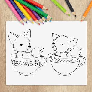 Teacup Foxes - Baby Animals in een Cup-kleurpagina Rubberstempel