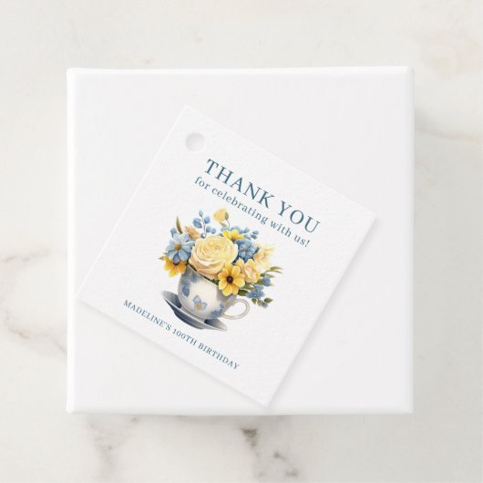 Teacup Geel Blauw Bloemen 100ste Verjaardag Bedankjes Labels (In situ)